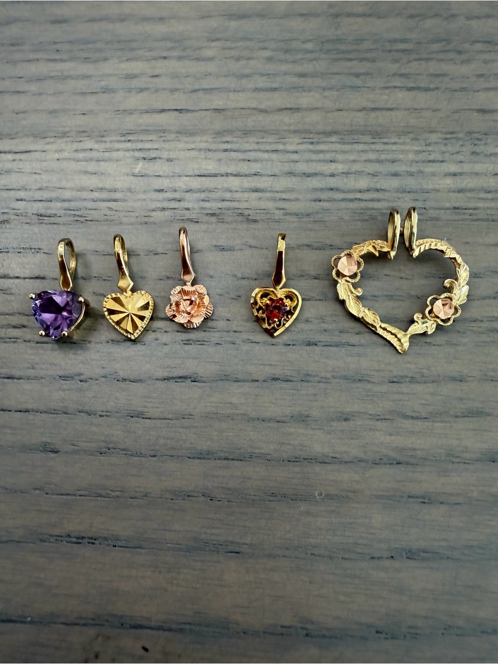 Vintage Beverly Hills Gold 14K Two-Tone 4-Heart Pendant Set Amethyst Diamond Cut